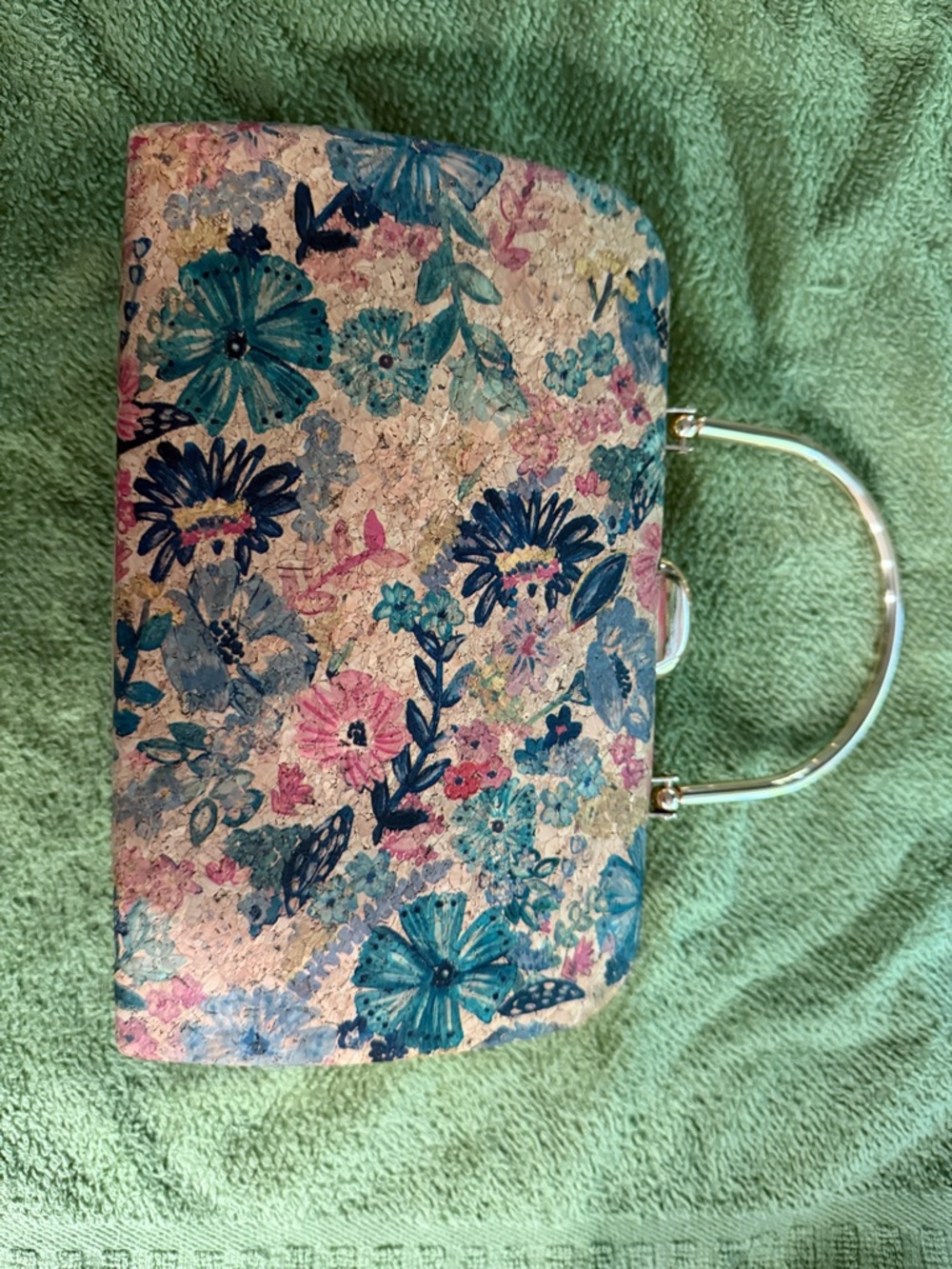 Floral Cork Mini Top-Handle Bag in Blue & Pink